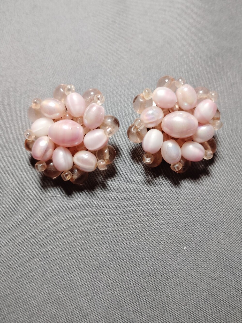 Pink Beaded Cluster Stud Earrings - Signed West.Germany